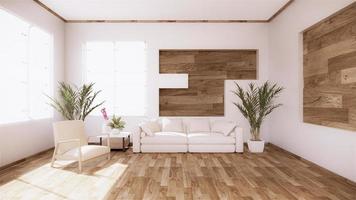 ein Wohnzimmer mit Sofa im minimalistischen Stil, weißes Wohnzimmer im tropischen Stil mit Holzmaserboden foto
