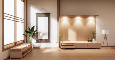 Holzschrank im modernen leeren Raum und weiße Wand auf weißem Bodenraum im japanischen Stil. 3D-Rendering foto
