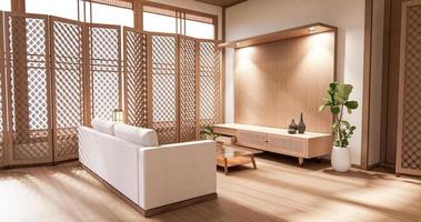 die hölzerne Innenarchitektur, Zen modernes Wohnzimmer im japanischen Stil. 3D-Rendering