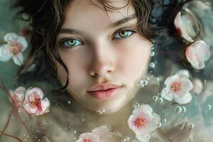 jung Frau mit Blau Augen umgeben durch Blumen foto