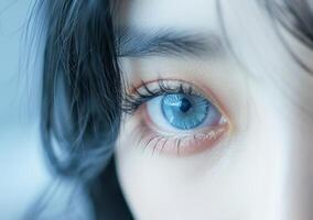 Nahansicht Aussicht von ein Personen auffällig Blau Auge und Wimpern foto