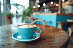 Nahansicht Aussicht von ein Cappuccino mit Latté Kunst im ein Blau Tasse auf ein hölzern Tabelle foto