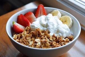 gesund Frühstück Schüssel mit griechisch Joghurt, geschnitten Bananen, und Granola foto