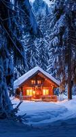 schneebedeckt Kabine beleuchtet beim Dämmerung im ein heiter Winter Wald foto