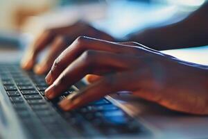 Nahansicht von Hände Tippen auf ein Laptop Tastatur im ein Büro Rahmen foto