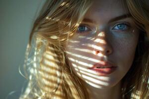 jung Frau mit Blau Augen gebadet im Sonnenlicht durch Jalousie foto