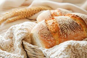 frisch gebacken Handwerker Brot Brote mit golden Krusten und Mehl Abstauben foto