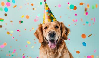 feierlich Eckzahn Hund mit Party Hut inmitten Konfetti Freude foto