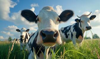 pastoral Glückseligkeit - - Duo von holstein Kühe Weiden lassen im grün Wiese foto