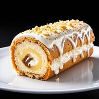 Schwamm Kuchen rollen isoliert auf Weiß Hintergrund schweizerisch rollen mit Vanille Sahne geschnitten Keks rollen wi foto