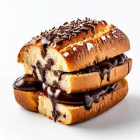 Toast Brot mit Haselnuss Ausbreitung. Süss Schokolade Sahne Weiß Hintergrund foto