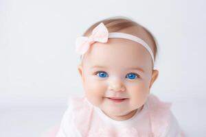 Porträt von süß wenig Baby Mädchen mit groß Blau Augen auf Weiß Hintergrund. glücklich gesund Kindheit Konzept. foto