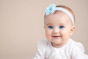 Porträt von süß wenig Baby Mädchen mit groß Blau Augen auf Licht Hintergrund. glücklich gesund Kindheit Konzept. foto