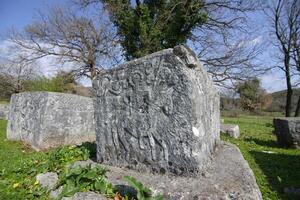 stecci mittelalterliche grabsteine friedhöfe dugo polje in blidinje, bih. Unesco-Website. historische Sehenswürdigkeit. Die Grabsteine weisen eine Vielzahl von dekorativen Motiven und Inschriften auf. foto