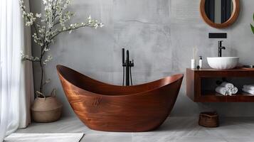 luxuriös hölzern Badewanne im minimalistisch Badezimmer Innere mit Blumen- Dekor und natürlich Elemente zum ein heiter und verjüngend Rückzug foto