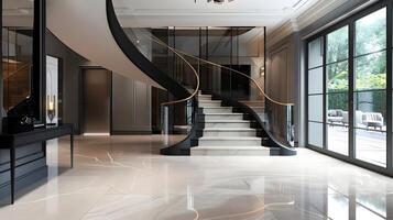 opulent und elegant Innere Design von ein luxuriös modern Zuhause mit atemberaubend Glas Treppe und geräumig Eingang foto