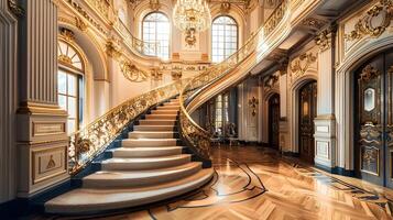 majestätisch und opulent Innere von ein historisch Palast oder Villa mit aufwendig Treppe und Kronleuchter, Präsentation verschwenderisch und extravagant architektonisch foto