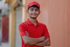 glücklich indisch Lieferung Mann im rot Uniform. foto