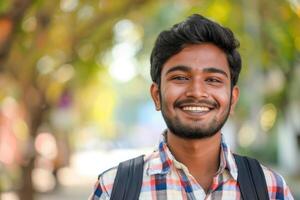 Porträt von ein beiläufig gekleidet lächelnd indisch jung Mann foto
