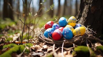 bunt Eier im das Wald. Ostern Ei Konzept, Frühling Urlaub foto