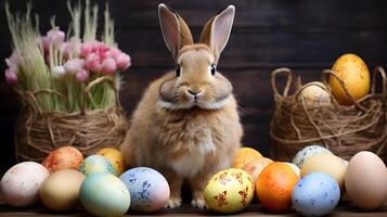 ein süß wenig Hase mit bunt Eier. Ostern Ei Konzept, Frühling Urlaub foto