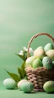 ein Korb von bunt Eier mit Copyspace auf ein Grün Hintergrund. Ostern Ei Konzept, Frühling Urlaub foto
