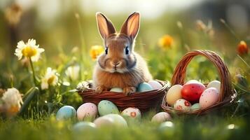 ein süß wenig Hase Sitzung im Korb Nest mit bunt Eier. Ostern Ei Konzept, Frühling Urlaub foto