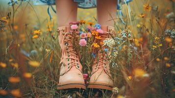 Stiefel im ein Blume Feld foto