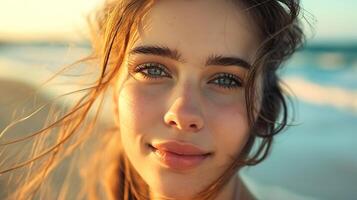 schön Mädchen auf das Strand im das Sonnenschein Porträt schließen oben foto