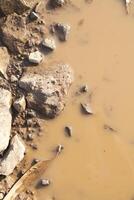 Makro Fotografie von Pfütze von Wasser auf Sand und Stein Straße foto