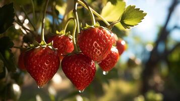 Erdbeeren auf ein Ast von ein Erdbeere Baum im das Garten foto