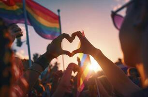 Hände Herstellung ein Herz gestalten mit ein Regenbogen Flagge winken im das Hintergrund während ein Stolz Parade Feier, Liebe und Vielfalt Konzept foto