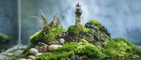 das Miniatur Thema von alt Licht Haus ist bedeckt mit Grün Moos und Kiesel Innerhalb von Terrarium Glas foto