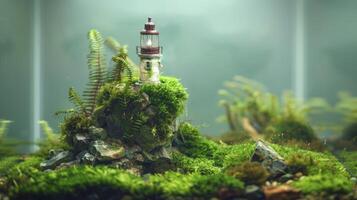 das Miniatur Thema von alt Licht Haus ist bedeckt mit Grün Moos und Kiesel Innerhalb von Terrarium Glas foto