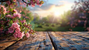 hölzern Tabelle bedeckt mit reichlich Blumen foto