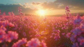 Feld von Blumen mit Sonne im Hintergrund foto