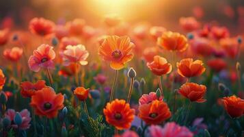 Feld von Blumen mit Sonne im Hintergrund foto