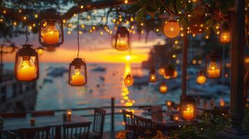 Zeichenfolge Beleuchtung erstellen ein festlich Ambiente auf ein direkt am Strand Deck gegen das Hintergrund von ein atemberaubend Ozean Sonnenuntergang. foto