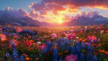 Feld von Blumen mit Sonne im Hintergrund foto