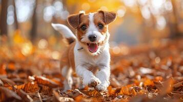 klein braun und Weiß Hund Laufen durch Blätter foto