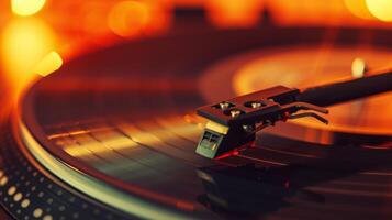Nahansicht von ein Vinyl Aufzeichnung spielen auf ein Drehscheibe mit ein Nadel, hervorgehoben durch warm Umgebungs Beleuchtung. foto