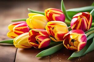 Frühling Blumen Tulpen Banner Kopieren Raum auf hölzern Hintergrund Tabelle Rosa rot Gelb Strauß Lügen foto