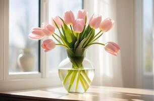 frisch Frühling Blumen rot und Gelb Tulpen Strauß im Glas Vase auf Tabelle modern Licht Innenraum Mütter Tag Valentinsgrüße foto