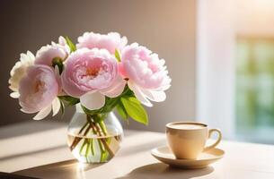 Weiß und Licht Rosa Pfingstrosen Strauß im Vase Glas mit Becher Tasse von Kaffee Latté Cappuccino Sonne Licht Fenster modern Innenraum Bokeh Frühling foto