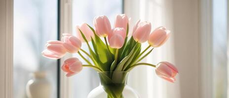 frisch Frühling Blumen Banner rot und Gelb Tulpen Strauß im Glas Vase auf Tabelle modern Licht Innenraum Mütter Tag Valentinsgrüße foto