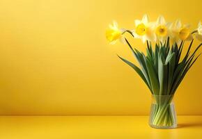 frisch Frühling Blumen Narzisse Strauß im Glas Vase auf Gelb Hintergrund Mütter Tag Valentinsgrüße foto