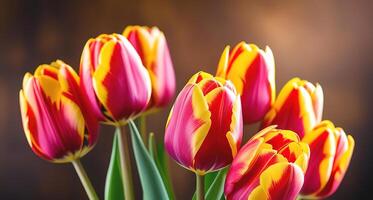 Frühling Blumen Tulpen Banner Kopieren Raum auf hölzern Hintergrund Tabelle Rosa rot Gelb Strauß Lügen foto