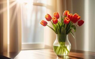 frisch Frühling Blumen rot und Gelb Tulpen Strauß im Glas Vase auf Tabelle modern Licht Innenraum Mütter Tag Valentinsgrüße foto