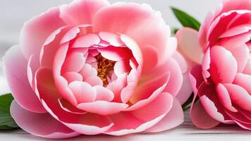 Rosa Koralle Pfingstrosen Banner grau solide Hintergrund Raum zum Text Kopieren Raum schließen oben BlumenBlütenblätter Blätter Garten Blumen foto