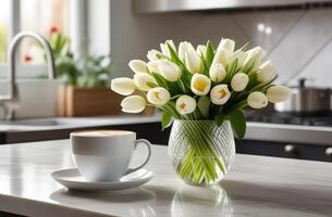 schön frisch Frühling Blumen Weiß Tulpen Strauß im Glas Vase mit Tasse Becher von Kaffee Latté Cappuccino im Licht zeitgenössisch Küche Innenraum foto